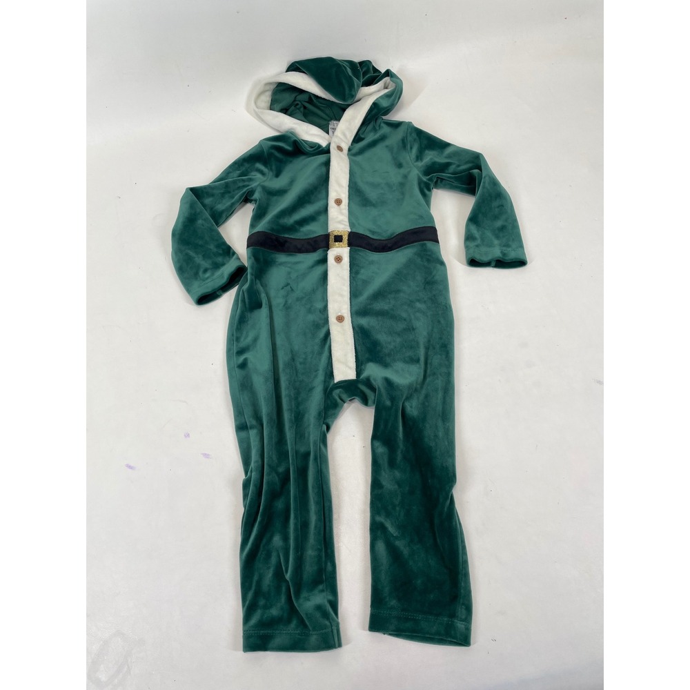 Carter's Green Velvet Holiday Elf Hooded Romper 18M Christmas Santa Helper